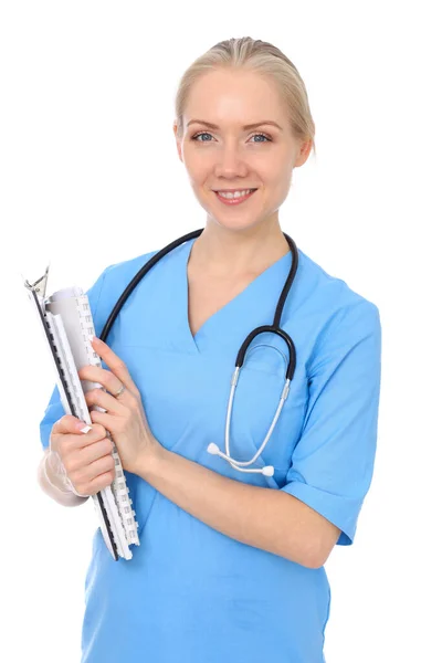 被白色背景隔离的医生、妇女或护士。快乐的微笑的医护人员代表。医学概念 — 图库照片