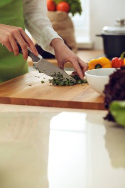 Mutfakta pişen bilinmeyen insan elleri. Kadın sebze salatasıyla meşgul. Sağlıklı yemek ve vejetaryen gıda konsepti.
