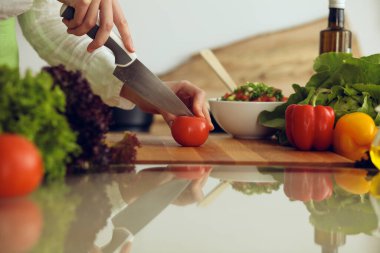Mutfakta pişen bilinmeyen insan elleri. Kırmızı domatesleri dilimleyen kadın. Sağlıklı yemek ve vejetaryen gıda konsepti.