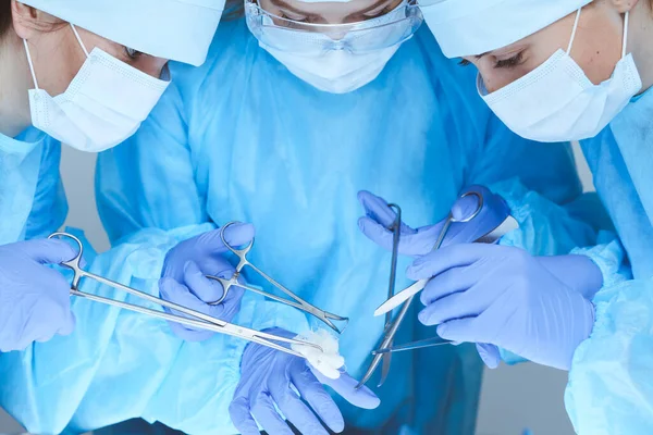 Close-up da equipe médica realizando a operação. O grupo de cirurgiões no trabalho está ocupado com o paciente. Medicina, veterinária ou cuidados de saúde e emergência no hospital — Fotografia de Stock