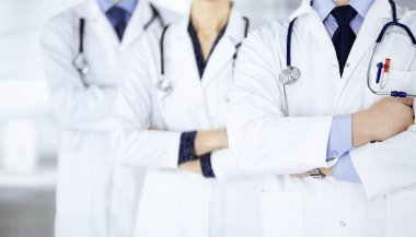 Hastane ofisinde çapraz kolları ve steteskopları olan bir grup modern doktor bir takım gibi duruyor. Doktorlar hastaları muayene etmeye ve yardım etmeye hazır. Tıbbi yardım, sağlık sigortası, en iyi hastalık