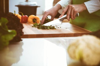 Mutfakta pişen bilinmeyen insan elleri. Kadın sebze salatasıyla meşgul. Sağlıklı yemek ve vejetaryen gıda konsepti.