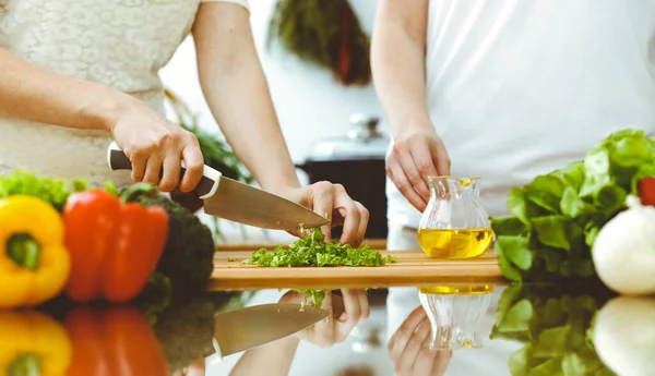 Primer plano de manos humanas cocinando en la cocina. Madre e hija o dos amigas cortando verduras para ensalada fresca. Conceptos de amistad, cena familiar y estilo de vida —  Fotos de Stock