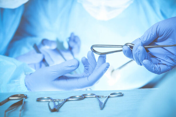 Close-up of medical team performing operation. Group of surgeons at work are busy of patient. Medicine, veterinary or healthcare and emergency in hospital