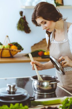 Genç esmer kadın mutfakta çorba pişiriyor. Ev hanımı elinde tahta kaşık tutuyor. Gıda ve sağlık konsepti
