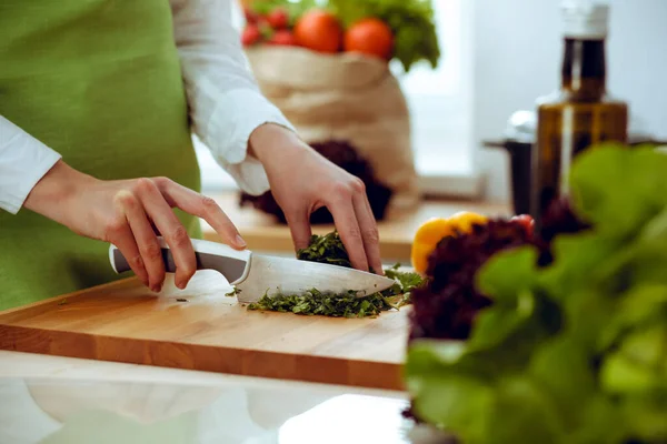 Neznámé lidské ruce vaří v kuchyni. Žena je zaneprázdněná zeleninovým salátem. Zdravé jídlo a koncepce vegetariánských potravin — Stock fotografie