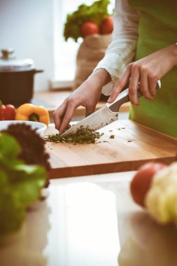 Mutfakta pişen bilinmeyen insan elleri. Kadın sebze salatasıyla meşgul. Sağlıklı yemek ve vejetaryen gıda konsepti.