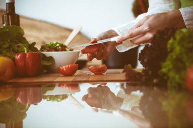 Mutfakta pişen bilinmeyen insan elleri. Kırmızı domatesleri dilimleyen kadın. Sağlıklı yemek ve vejetaryen gıda konsepti.