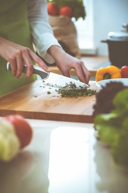 Mutfakta pişen bilinmeyen insan elleri. Kadın sebze salatasıyla meşgul. Sağlıklı yemek ve vejetaryen gıda konsepti.
