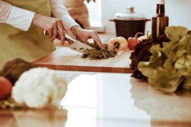 Mutfakta pişen bilinmeyen insan elleri. Kadın sebze salatasıyla meşgul. Sağlıklı yemek ve vejetaryen gıda konsepti..