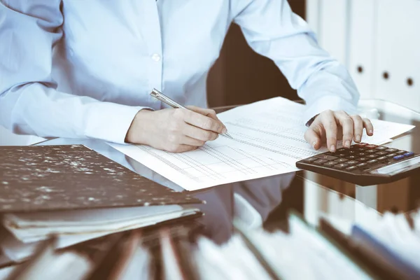 Bookkeeper Woman Financial Inspector Making Report Calculating Checking Balance Close — Stock Photo, Image