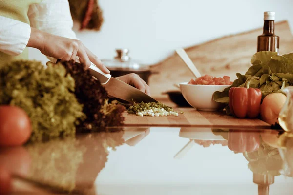 Manos Humanas Desconocidas Cocinando Cocina Mujer Cortando Cebolla Verde Comida —  Fotos de Stock