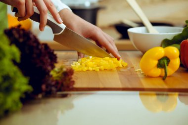 Mutfakta pişen bilinmeyen insan elleri. Sarı dolma biber dilimleyen kadın. Sağlıklı yemek ve vejetaryen gıda konsepti.