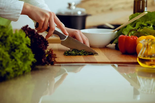 Manos humanas desconocidas cocinando en la cocina. La mujer está ocupada con la ensalada de verduras. Comida saludable y concepto de comida vegetariana —  Fotos de Stock