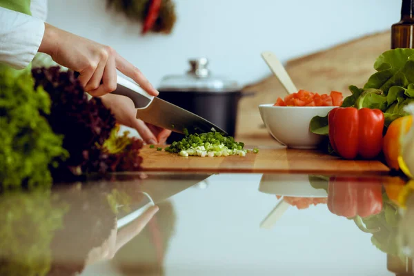 Manos humanas desconocidas cocinando en la cocina. Mujer cortando cebolla verde. Comida saludable y concepto de comida vegetariana —  Fotos de Stock