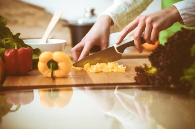 Mutfakta pişen bilinmeyen insan elleri. Sarı dolma biber dilimleyen kadın. Sağlıklı yemek ve vejetaryen gıda konsepti.