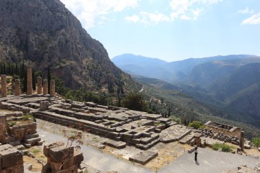 Delphi, Yunanistan - 19 Temmuz 2019: Delphi arkeolojik alanı, tanrı Apollon'un kahininin merkezi