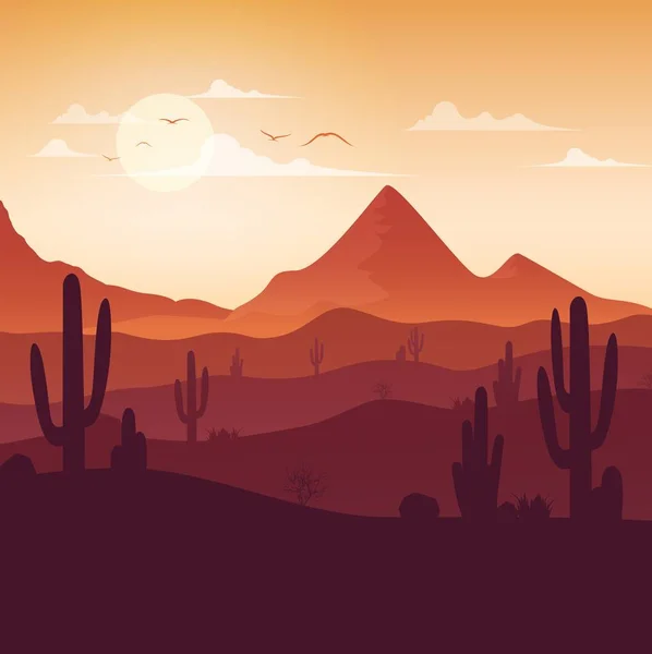 Пустельний Пейзаж Кактусами Фоні Заходу Сонця — стоковий вектор