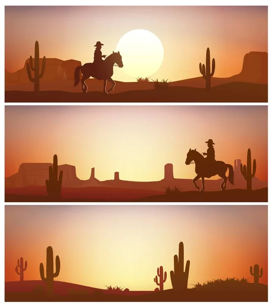 Cowboy Montando Cavalo Contra Pôr Sol Fundo Silhuetas Ocidentais Selvagens —  Vetores de Stock