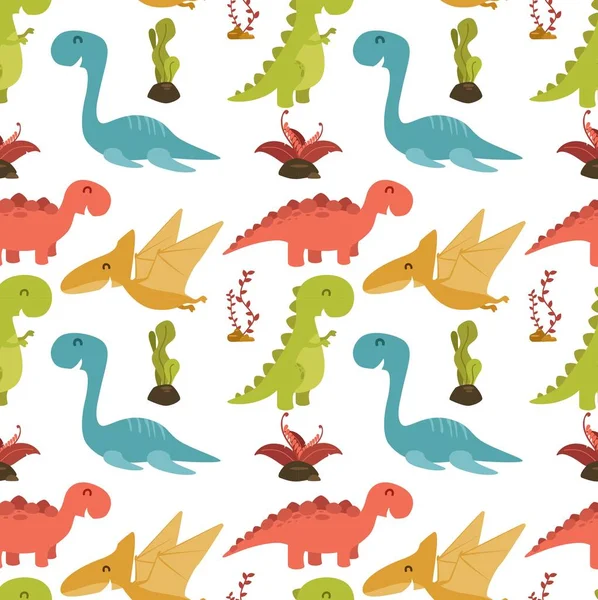 Carino Modello Senza Soluzione Continuità Con Dinosauri Colorati Cartone Animato — Vettoriale Stock