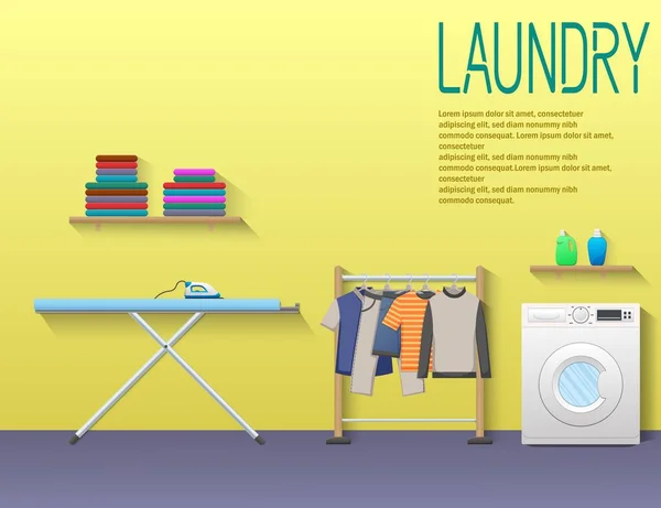 Vektor Illustration Der Waschküche Mit Waschmaschine Bügelbrett Wäscheständer Und Wäschetrockner — Stockvektor
