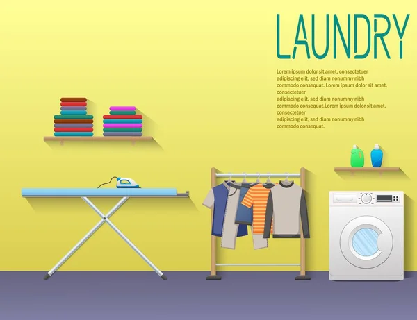 Vectorillustratie Van Wasruimte Met Wasmachine Strijkplank Kleding Rek Drogen Van — Stockvector