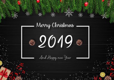 Vektör çizim 2019 happy new year ve Noel ahşap arka plan