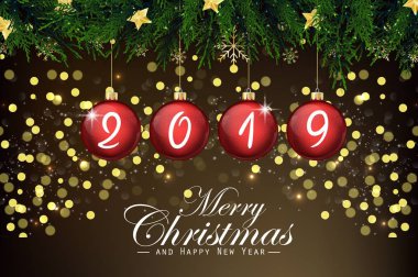 2019 yeni yıl kartı kırmızı Noel topları ile vektör çizim
