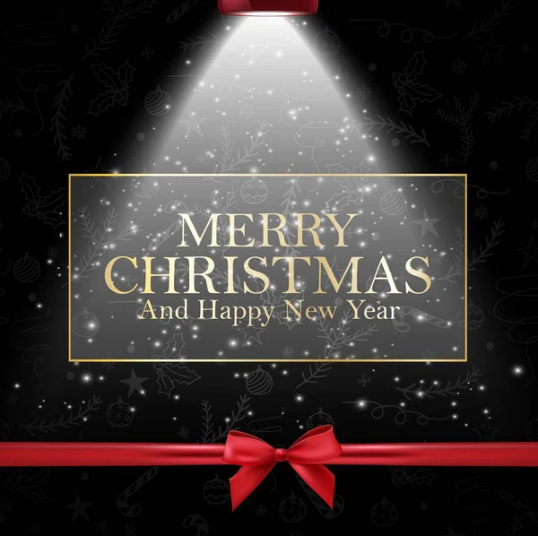 愉快的圣诞节和愉快的新年卡片的向量例证与金黄文本和红色丝带 — 图库矢量图片