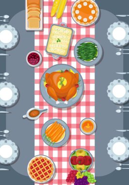 Vektör çizim Şükran yemek masada. Şükran günü tebrik kartı düz stil tasarım