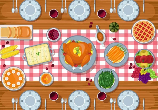 Illustration Vectorielle Table Dîner Carte Vœux Thanksgiving Dans Style Plat — Image vectorielle