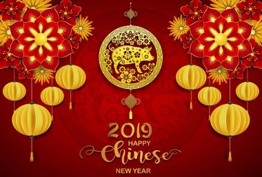 Mutlu Çin yeni yılı 2019 kartı. Domuz yılı