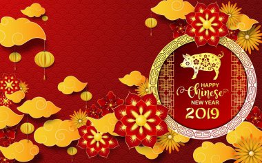 Mutlu Çin yeni yılı 2019 kartı. Domuz yılı