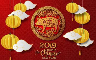 Mutlu çene yeni yıl 2019 kartıdır domuz papercut fenerle çerçevesindeki