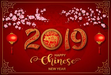 Mutlu Çin yeni yılı 2019 kartı. Domuz yılı