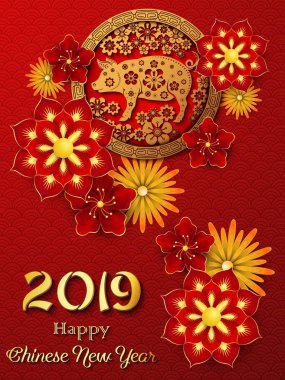 Mutlu Çin yeni yılı 2019 kartı. Domuz yılı
