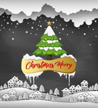 Neşeli Noel ve mutlu yeni yıl 2019 siyah arka plan ve kar ev