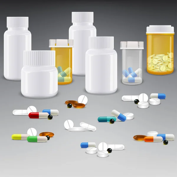 Conjunto Frascos Medicamentos Con Medicamentos Pastillas — Vector de stock