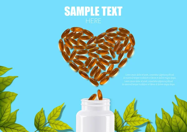 药丸片胶囊塑料药物在心脏瓶的形状 — 图库矢量图片