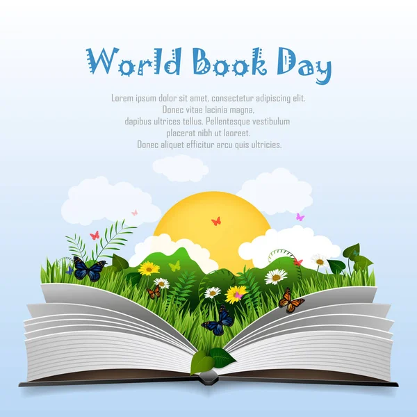 Vector Illustration World Book Day Open Book Green Grass — Stock Vector