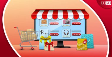 Dizüstü bilgisayarlı ve hediyeli Alışveriş Çevrimiçi tasarım kavramının vektör illüstrasyonu