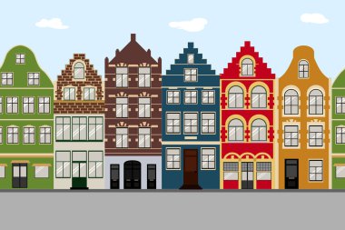 Sorunsuz sınır Cute retro dış ev sahipliği yapmaktadır. Avrupa Bina cephe topluluğu. Belçika ve Hollanda geleneksel mimarisini