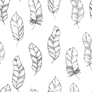 Seamless modeli çizilmiş kroki tarzı kuş tüyleri ile. Siyah ve beyaz başlık arka plan. Trendy boho chic, aşiret şablonu