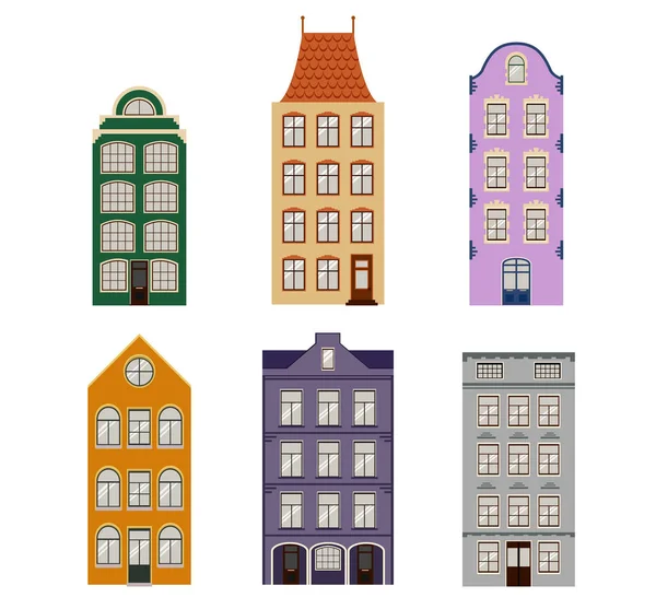 Bonito retro casas exterior set. Coleção de fachadas de edifícios europeus. Arquitetura tradicional da Bélgica e Países Baixos. Ícones vetoriais — Vetor de Stock