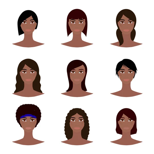 Conjunto de avatar feminino afro-americano, mulher enfrenta ícones. Raparigas com vários estilos de cabelo. Desenho de personagem feminina preta. Ilustração vetorial . —  Vetores de Stock