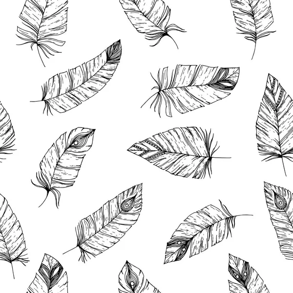 Hand-drawn seamless pattern with Sketch style bird feathers. Black and white title background. Trendy boho chic, Tribal template — Stock Vector