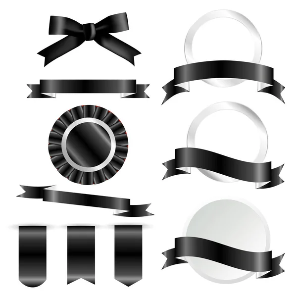 Black Ribbons, flag and labels Set isolated On White Background. Vector Illustration for your design — Stock Vector