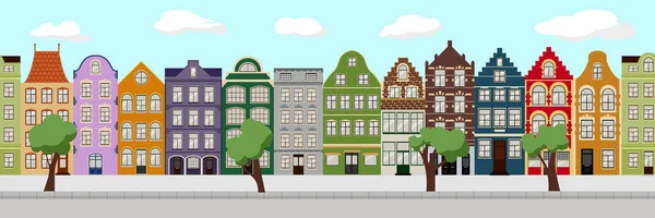 Sorunsuz sınır Cute retro dış ev sahipliği yapmaktadır. Avrupa Bina cephe topluluğu. Belçika ve Hollanda geleneksel mimarisi. İsveç, Norveç, Daanmark