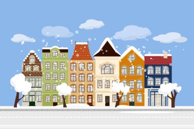 Avrupa Bina cephe ile kış düz şehir manzarası. Cute retro dış ev sahipliği yapmaktadır. Belçika ve Hollanda geleneksel mimarisini