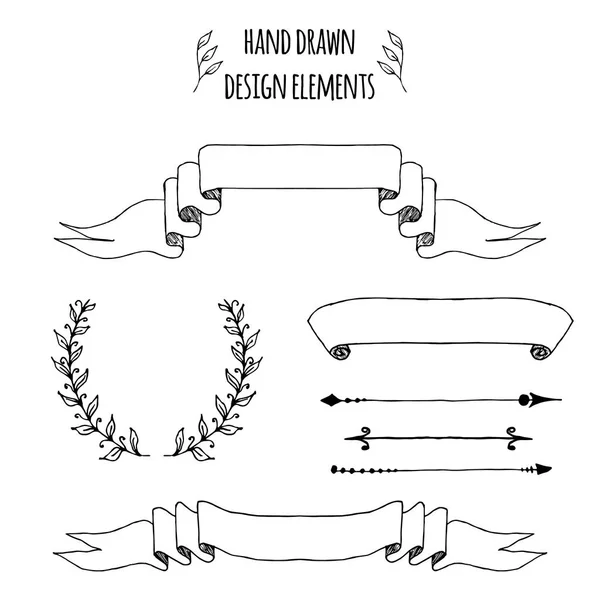 Set of handdrawn vintage elements. Ribbons, arrows, page deviders. Vector illustration for bullet journal, notepad, memobook, scrapbooking, invitations, weddings, design templates. — Stock Vector